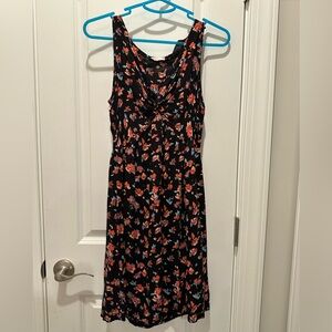 Tulle Floral Twist-Front Sleeveless Dress in Black and Coral